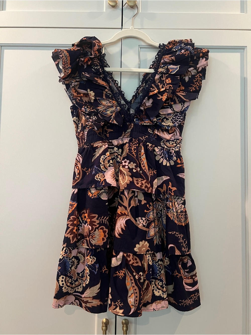 Anthropologie Navy and Orange Floral Ruffle Mini Dress